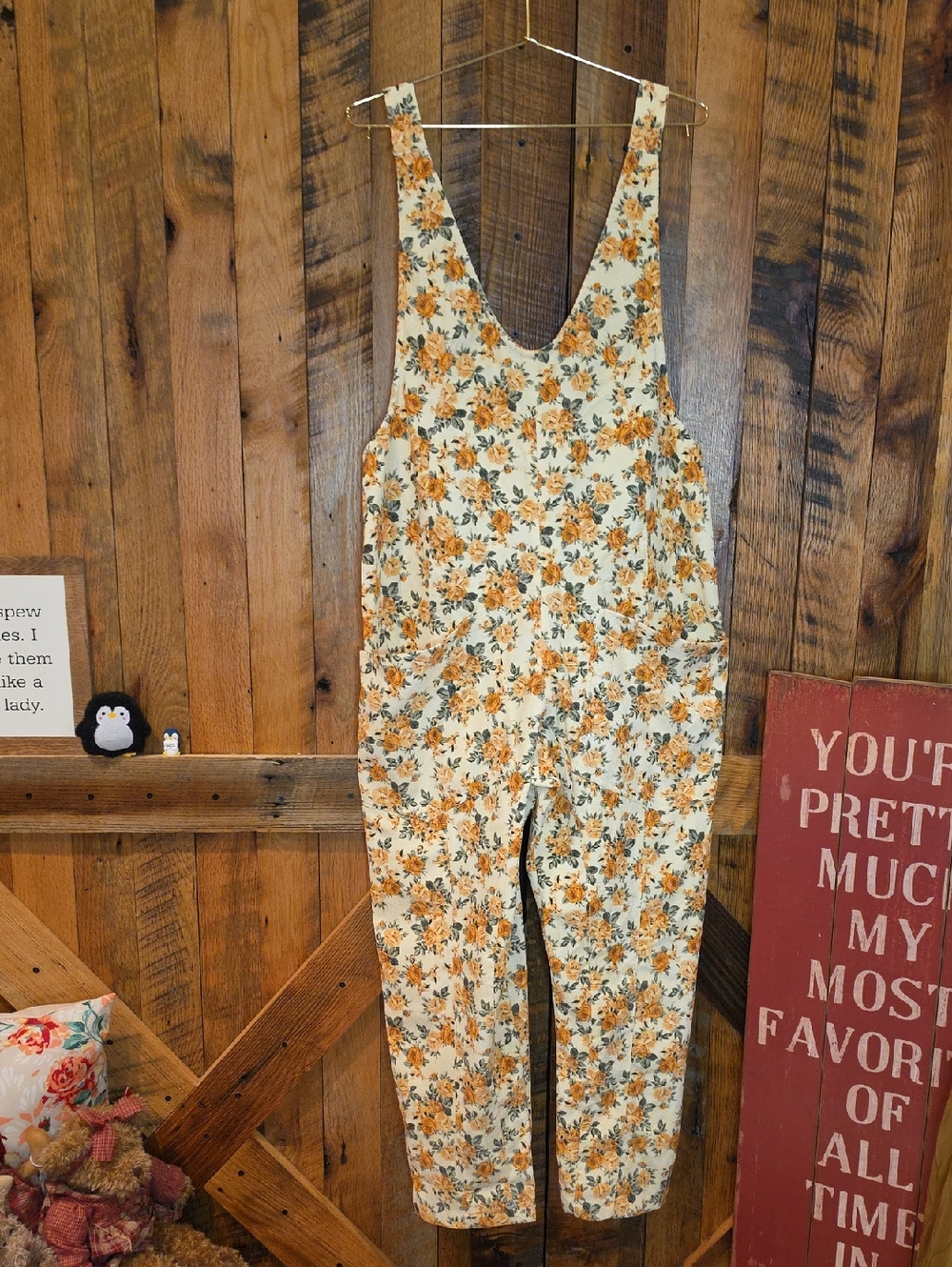 063p Floral Scoop-Back Jumpsuit in Cream and Mustard